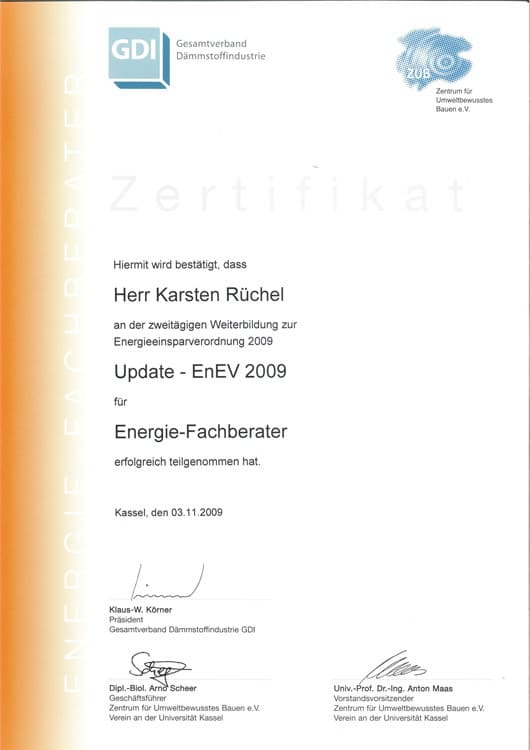 Zertifikat EnEV 2009
